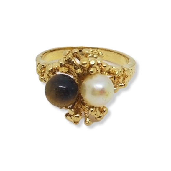 CCI 1970s GOLDPLATED BRUTALIST STYLE RING SET WITH FAUX PEARL & TIGERS EYE - Picture 1 of 5